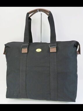 Roberta di Camerino Black Canvas Tote with Brown Trim and Gold Plaque